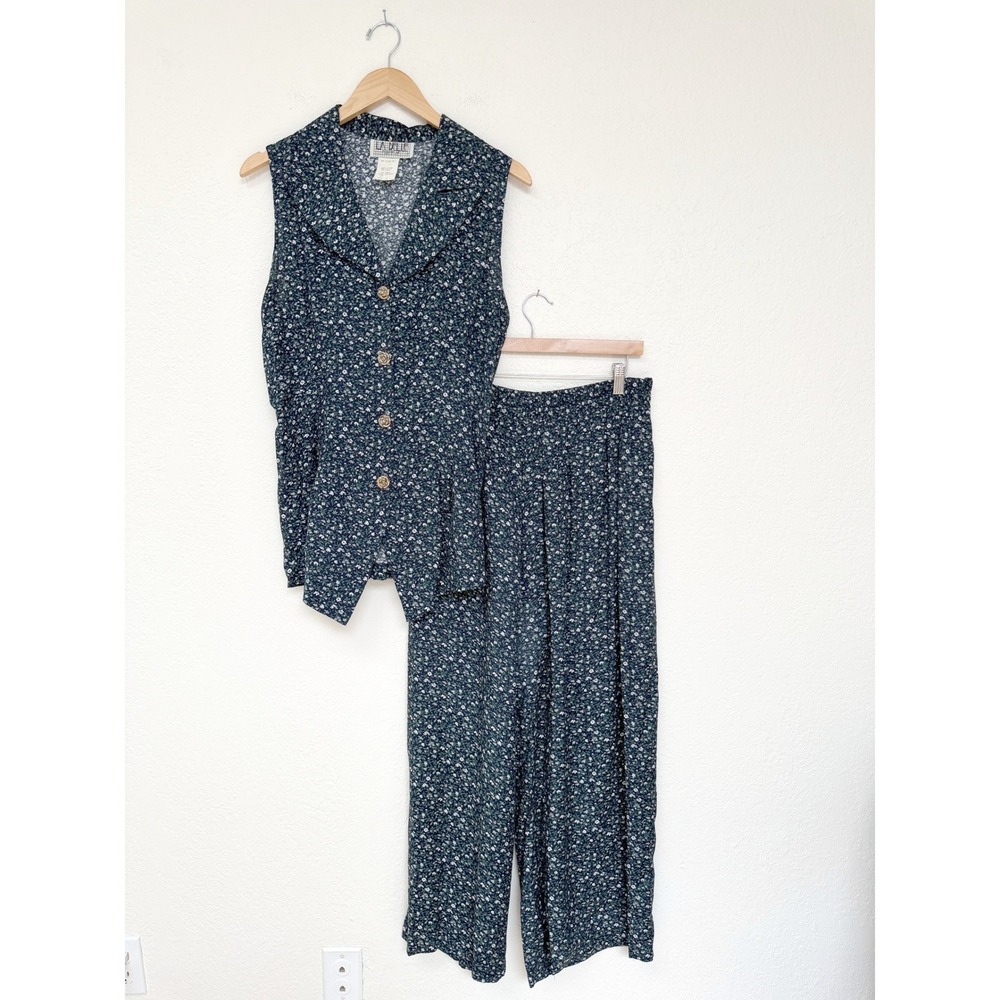 Vintage La Belle Floral Vest and Wide Leg Pants 2 PC Set Size L 13